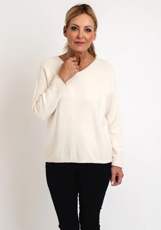 D.E.C.K by Decollage One Size V-Neck Sweater, Cream Nylon Fabric Polyester Fabric Spandex Fabric