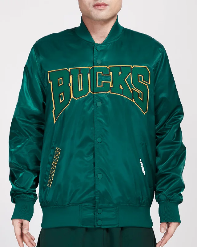 NBA MILWAUKEE BUCKS CREST EMBLEM SATIN JACKET (FOREST GREEN) Embroidered Jacket Appliqued Jacket Beaded Jacket