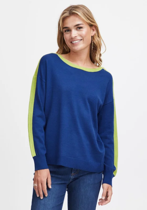 Fransa Contrast Rib Trim Sweater, Royal Blue & Lime Boxy Sweater Fitted Sweater A-Line