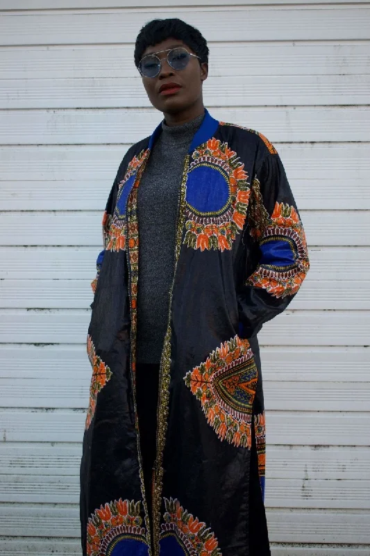 African Trench Coat in Black Dashiki Print Blazer Duffle Coat Pea Coat