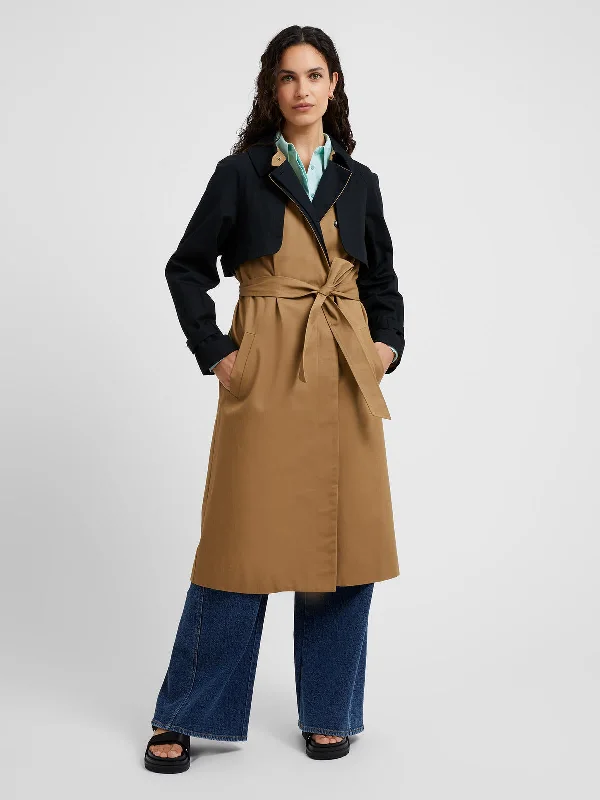 Great Plains Spring Trench Coat-Dark Sand Black-JOWAA Shawl Collar Notch Collar Lapel Collar