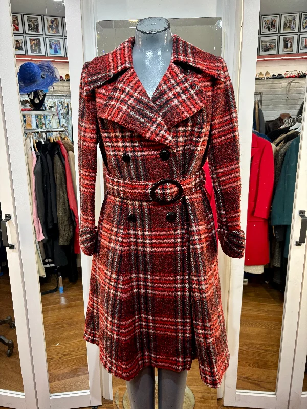 60’s Red Tartan Double Breasted Coat By Italian Style Wool Cashmere Tweed