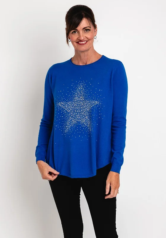 Natalia Collection One Size Fine Knit Star Print Sweater, Royal Blue Herringbone Houndstooth Plaid