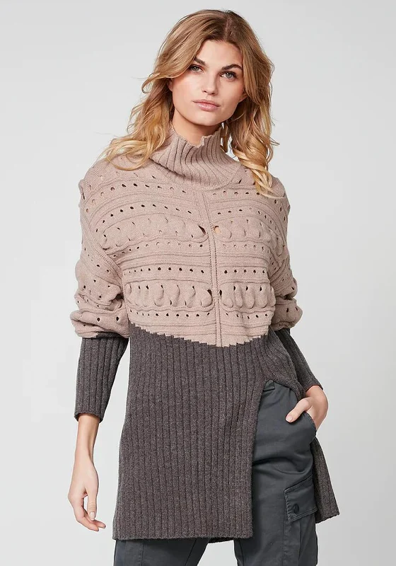 NU Denmark Rokka High Neck Long Knit Sweater, Dark Grey & Beige Houndstooth Herringbone Solid