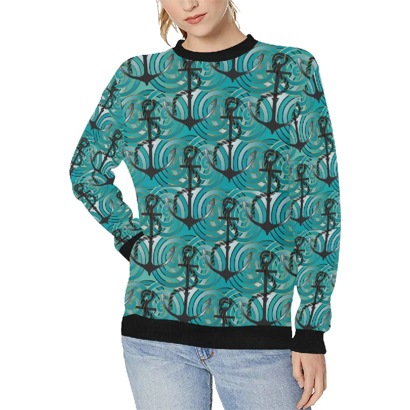 Anchor nautical green background Women's Crew Neck Sweatshirt Hoodie with Stripes Bold Sporty