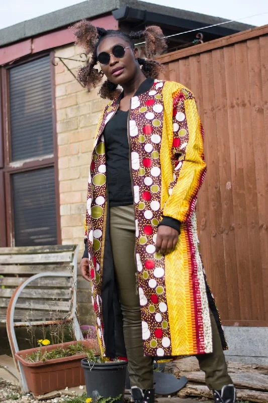 African Trench Coat in Orange Ankara Print - Festival Clothing Plaid Tartan Floral