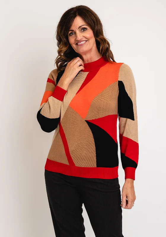 Micha Block Pattern Knit Sweater, Red Multi Tailored Straight A-Line