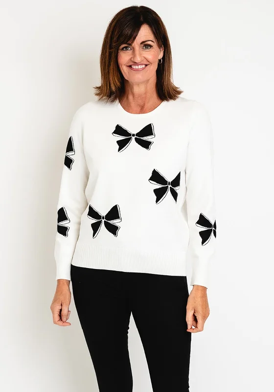 Natalia Collection Bow Print Knit Sweater, White Elasticated Padded Insulated