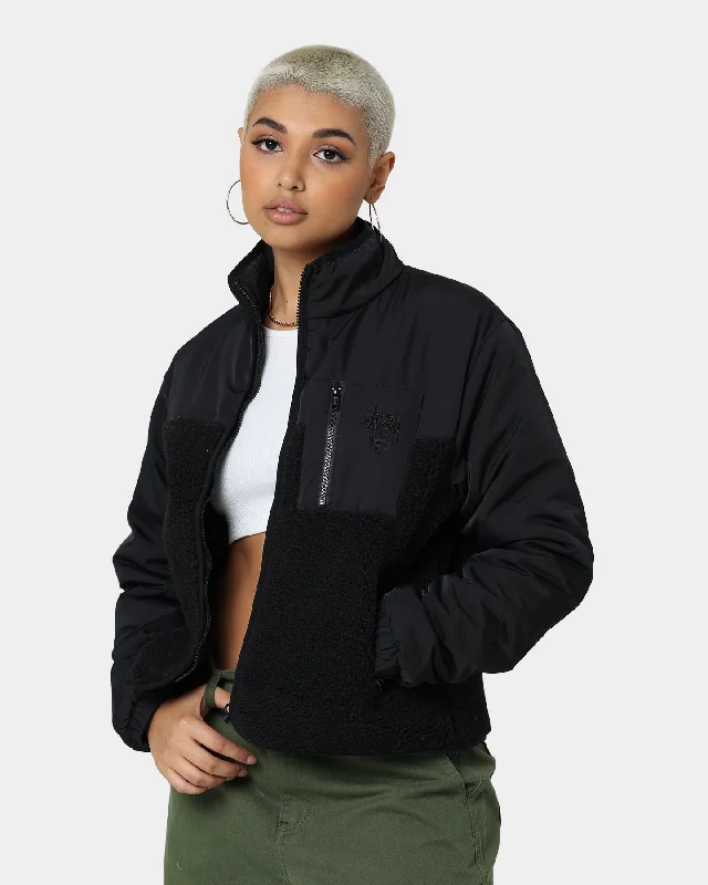 Stussy Women's Fairway Sherpa Jacket Black Tiered Jacket Buttoned Jacket Zippered Jacket