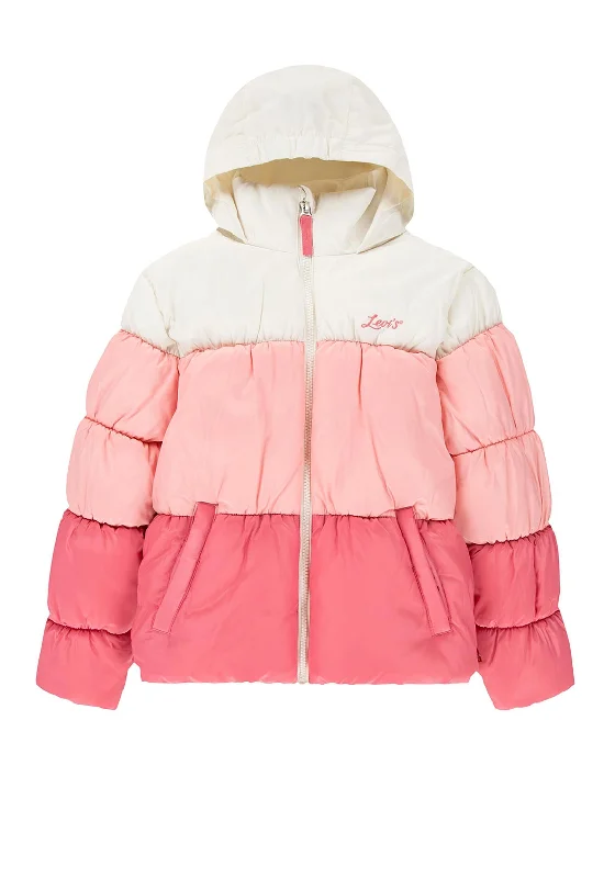 Levis Girls Hooded Colour Block Puffer Coat, Rapture Rose Cuffed Rolled Raglan