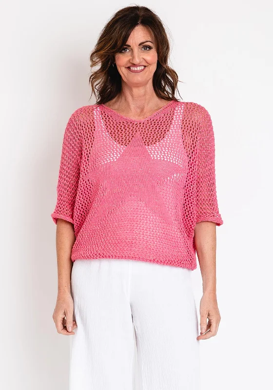 The Serafina Collection One Size Crochet Knit Sweater, Pink Mesh Sweater Canvas Denim