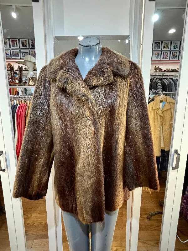 70’s Dark Brown Fur 3/4 Length Coat Solid Print Jacquard