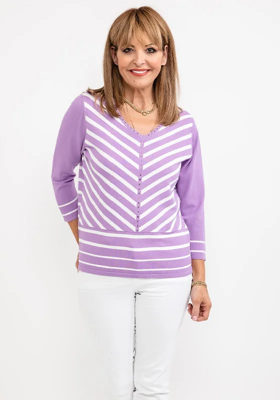 Anonymous Striped Gem Trim Sweater, Lilac Boat Neck Shawl Collar Notched Collar