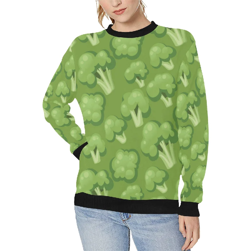 Broccoli pattern green background Women's Crew Neck Sweatshirt Hoodie with Hem Contrast Bold Stylish