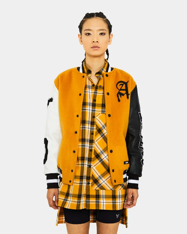 The Anti Order Corvus Leather Varsity Jacket Mustard/Black/White Trench Coat Raincoat Waterproof Jacket