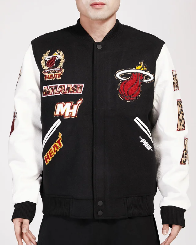 NBA MIAMI HEAT ANIMAL PRINT WOOL VARSITY JACKET (BLACK/WHITE) Faux Fur Fabric Real Fur Fabric Shearling Fabric