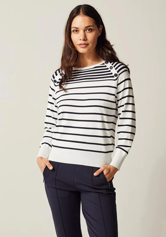 Micha Contrast Stripe Sweater, Off White & Navy Collared Crew Neck Turtle Neck