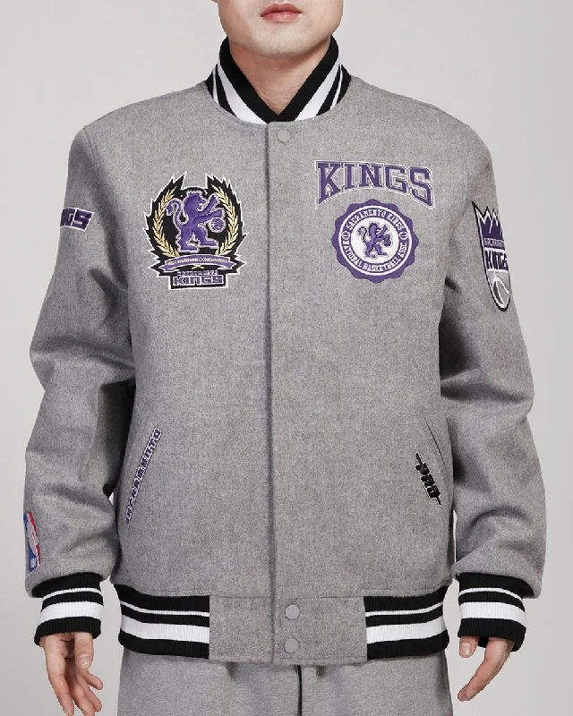 NBA SACRAMENTO KINGS REST EMBLEM RIB WOOL VARSITY JACKET (HEATHER GRAY/BLACK) Striped Jacket Polka Dot Jacket Floral Jacket