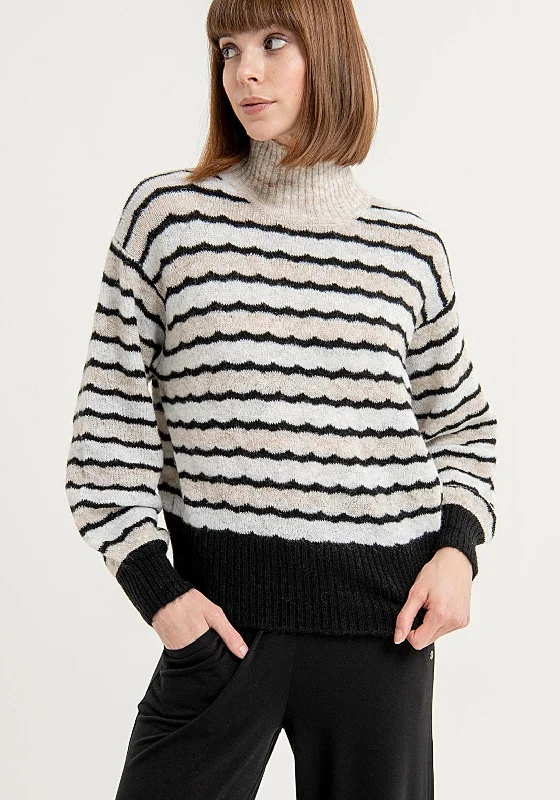 Surkana High Neck Striped Knit Sweater, Multi Cable Knit Ribbed Knit Lace Knit