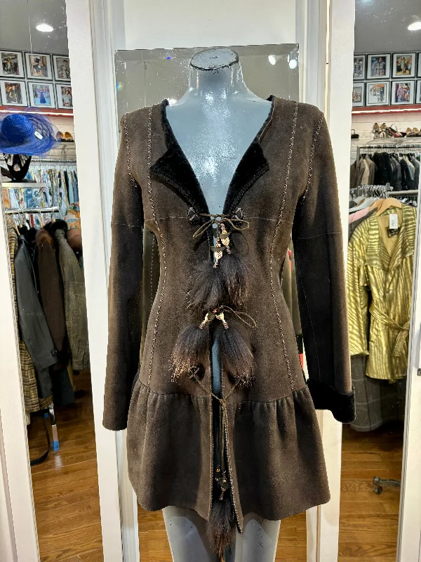 90’s Dark Brown Shearling Coat With Front Tassel & Fur  Buttons Embroidered Appliqued Beaded