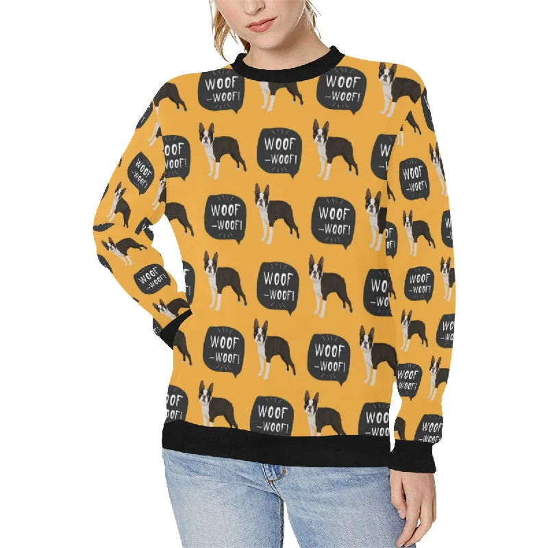 Boston terrier design pattern Women's Crew Neck Sweatshirt Hoodie with Ribbed Cuffs Snug Fit Comfort