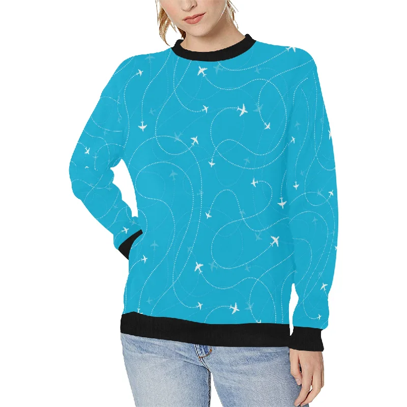 Airplane destinations blue background Women's Crew Neck Sweatshirt Hoodie with Mesh Breathable Sporty