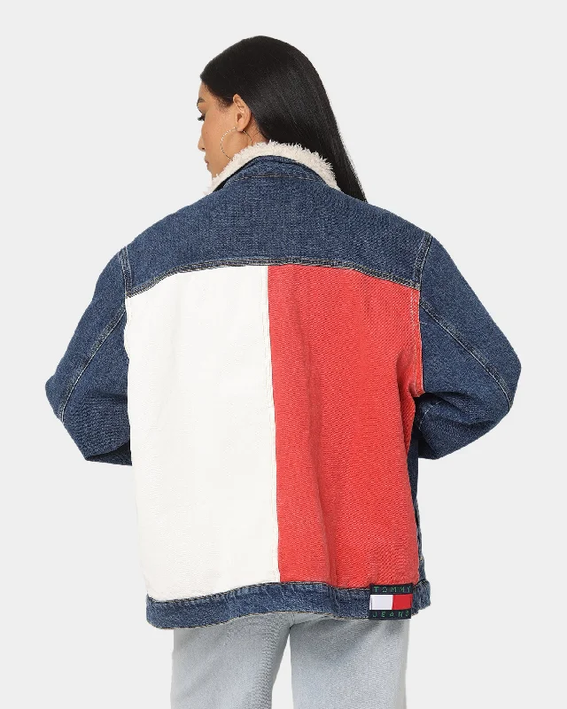 Tommy Jeans Colour-Blocked Oversized Sherpa  Denim Jacket Dark Denim Nylon Jacket Polyester Jacket Spandex Jacket