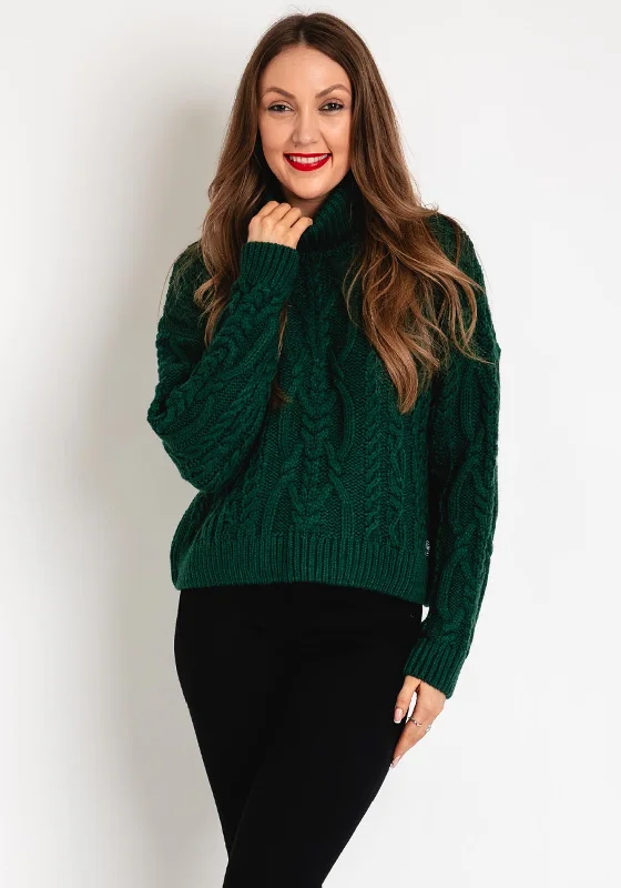 Superdry Womens High Neck Cable Knit Sweater, Pine Green Stretchy Elastic Breathable