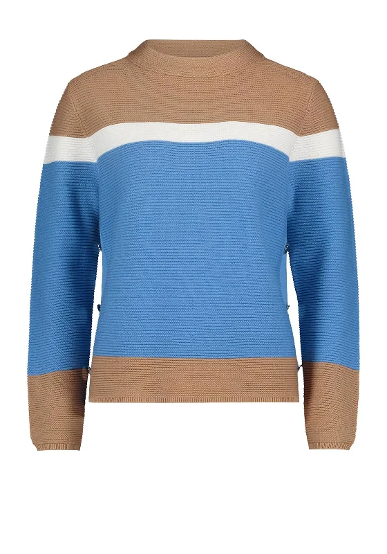 Betty Barclay Block Knit Sweater, Blue & Tan Silk Blend Satin Velvet