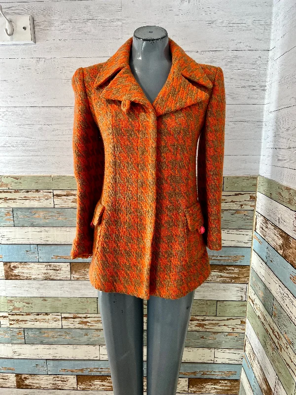 70’s Orange & Brown Houndstooth Wool Knit Short Coat Elasticated Drawstring Belted