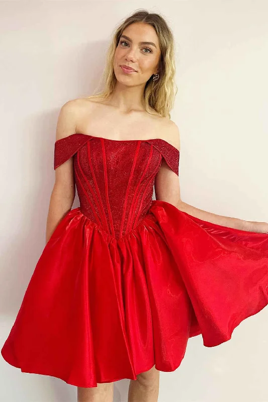 Cute Off the Shoulder Red Beaded A-Line Party Dress Tunics Velvet soft