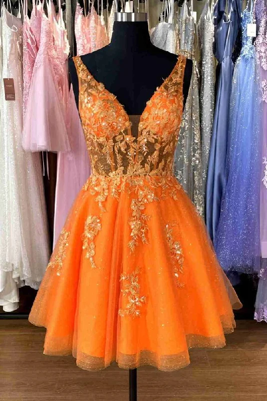 Plunging Neck Orange Appliques Short Party Dress Tunics Satin smooth