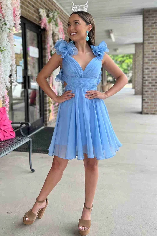 V-Neck Sky Blue Pleated A-Line Party Dress Tunics Fleece cozy