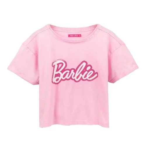 Barbie Womens/Ladies Distressed Logo Crop Top Summer Crop Top Casual Short Sleeve