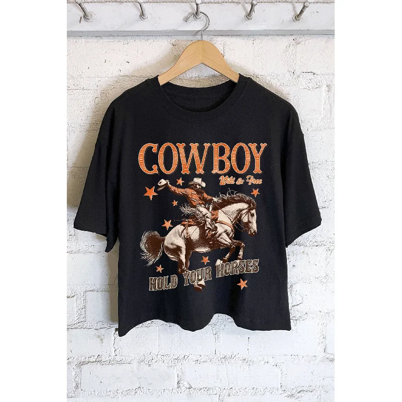 Cowboy Hold Your Horses Graphic Long Crop Top Mesh Fabric Canvas Fabric Denim Fabric