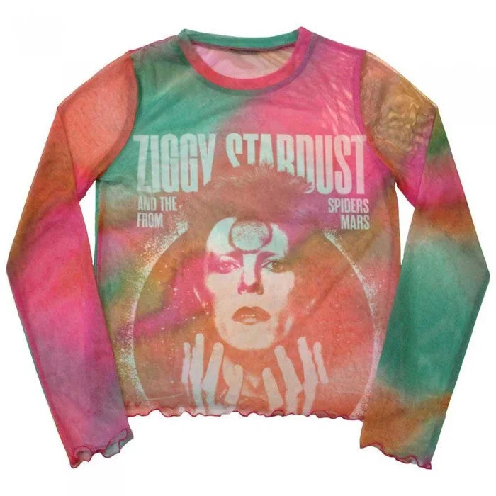 David Bowie Womens/Ladies Ziggy v2 Mesh Long-Sleeved Crop Top Ribbed Striped Patterned