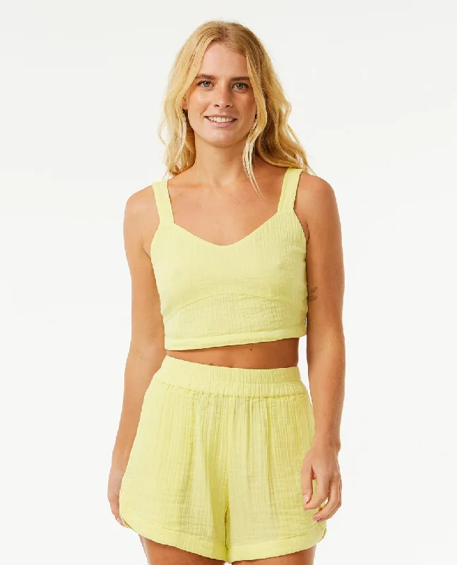 Premium Surf Crop Top - Bright Yellow Spandex Blend Rayon Blend Denim Blend