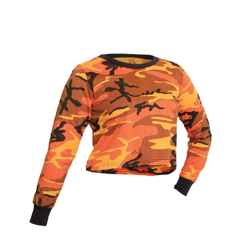 Women's Camo Long Sleeve Crop Top Solid Print Embellished