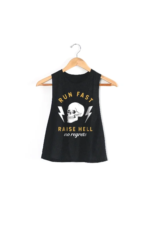 Run Fast. Raise Hell. Racerback Crop Top Denim Fabric Leather Fabric Suede Fabric