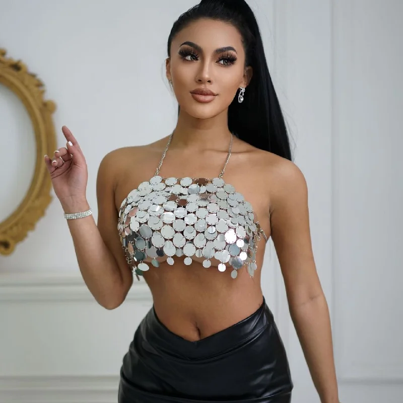 SHIHAN T20471 New Women Metal Mesh Crop Top Backless Chain Decor Shiny Halter Cropped Top Night Club Party Beach Wear Tops Layered Multi-layer Single Layer