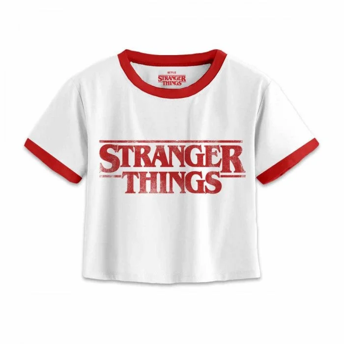 Stranger Things Womens/Ladies Distressed Logo Crop Top Collared Crew Neck Turtle Neck