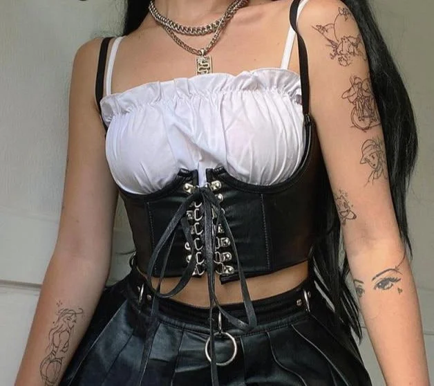 Streetwear Goth Crop top | Dark Faux Leather Crop Top | Cummerbunds Corset | Punk Style Notch Collar Peter Pan Collar Cowl Neck