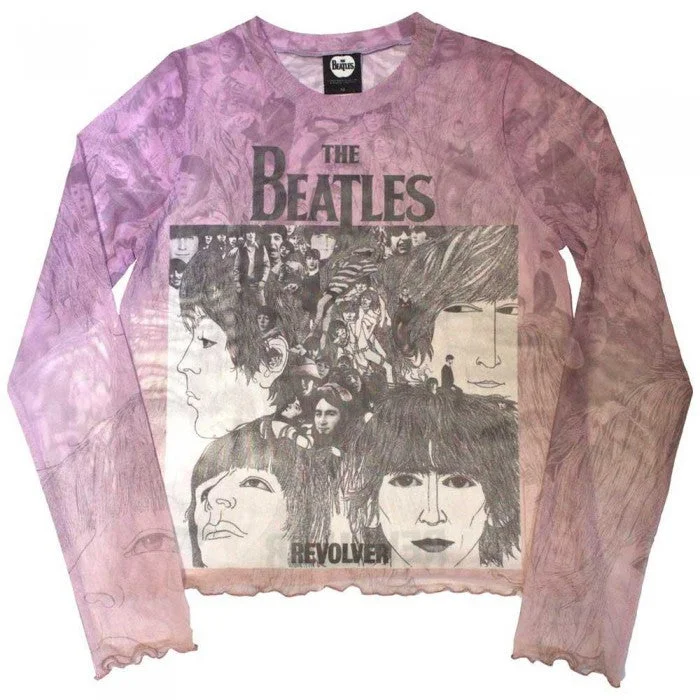 The Beatles Womens/Ladies Revolver Mesh Long-Sleeved Crop Top Embroidered Appliqued Beaded