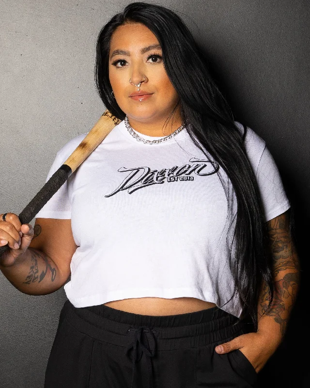 Women's Ballpark Crop Top - White & Black Denim Fabric Leather Fabric Suede Fabric