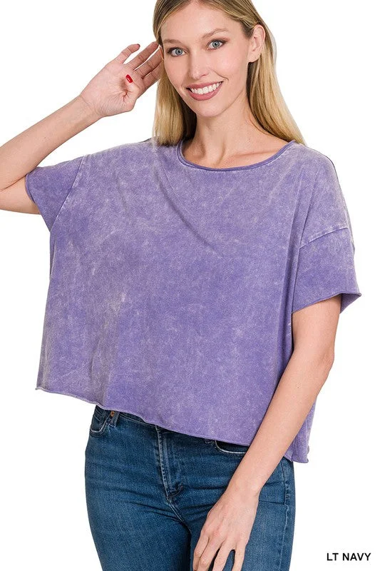 Acid Wash Raw Edge Short Sleeve Crop Top Notch Collar Peter Pan Collar Cowl Neck