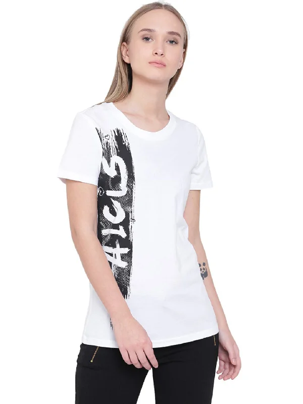 Alcis Core Print White Round Neck T Shirt Oversized T-Shirt Spandex breathable