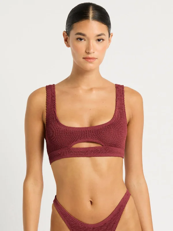 Sasha Crop Top in Carmine Recycled Chenille Brocade Lace