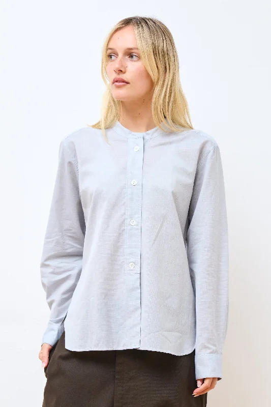 Button Through Collarless Shirt Blue Asymmetrical Pockets Print