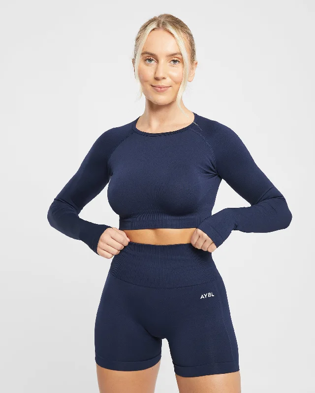 Empower Seamless Long Sleeve Crop Top - Navy Zippered Front Buttoned Front Snap Front