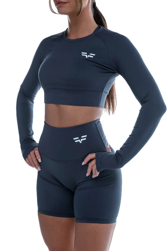 GymFreak Women's Vision Crop Top - Blue Mesh Blend Leather Blend Suede Blend